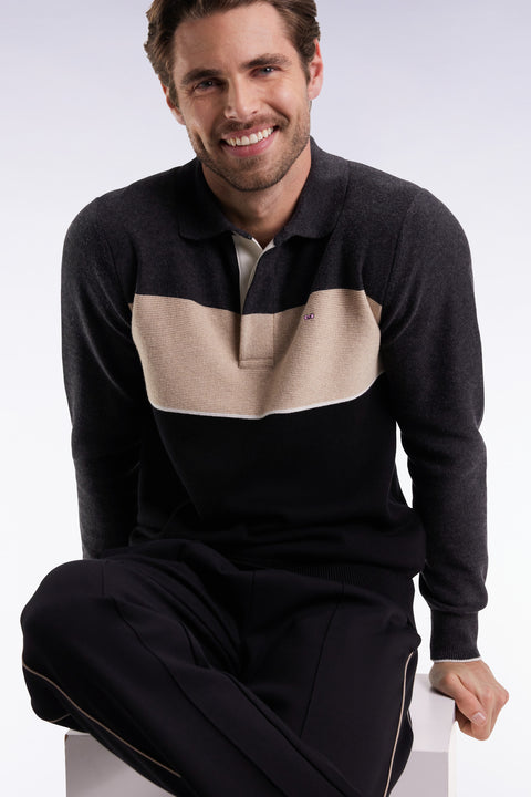 Pull col maillot en laine et coton noir gris et beige - Image 1