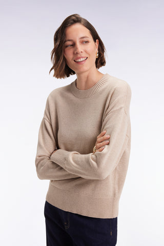 Pull à col rond en laine et coton beige coupe Relaxed