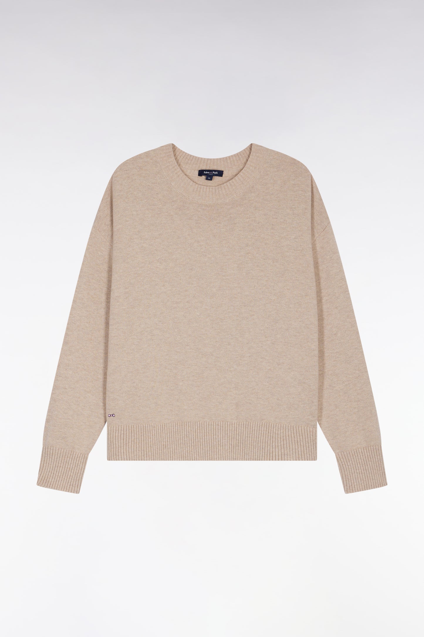 Relaxed fit round-neck sweater in beige wool and cotton