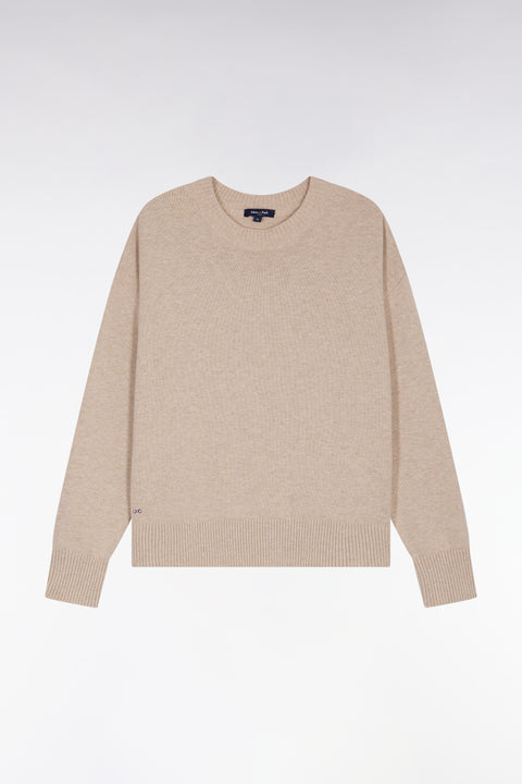 Relaxed fit round-neck sweater in beige wool and cotton - Image 2