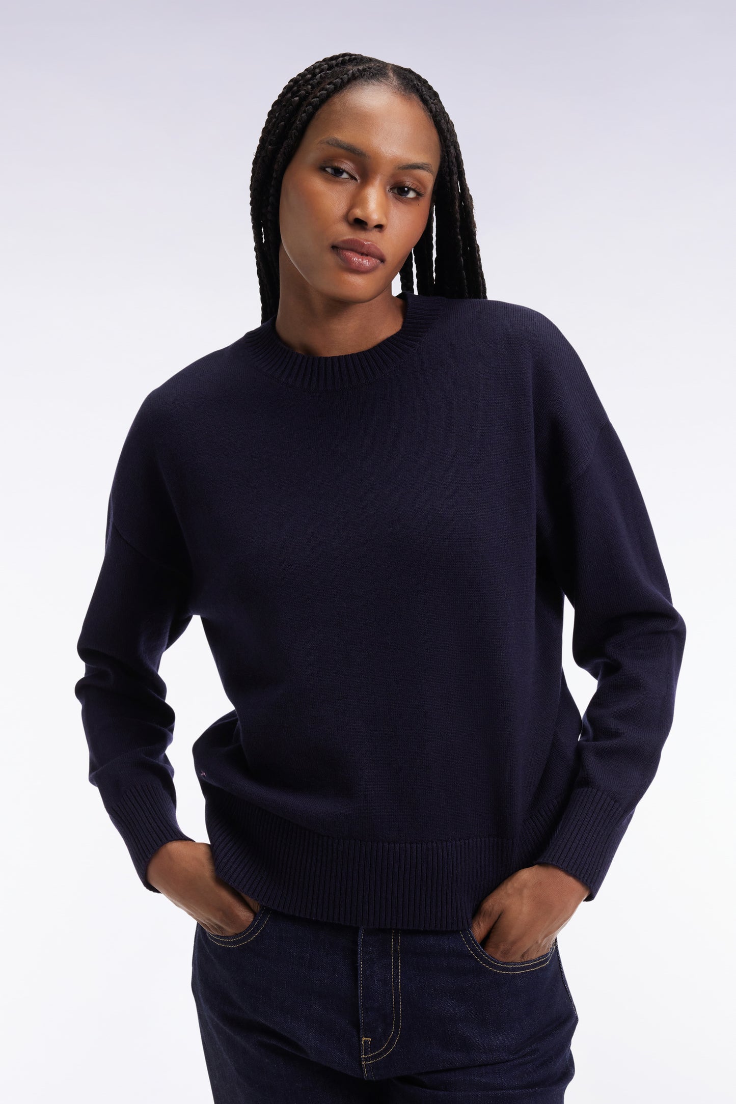 Round-neck sweater in wool and navy cotton Relaxed fit