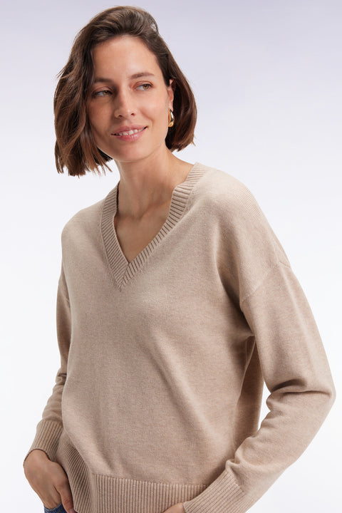 Pull à col V en laine et coton beige coupe Relaxed - Image 3