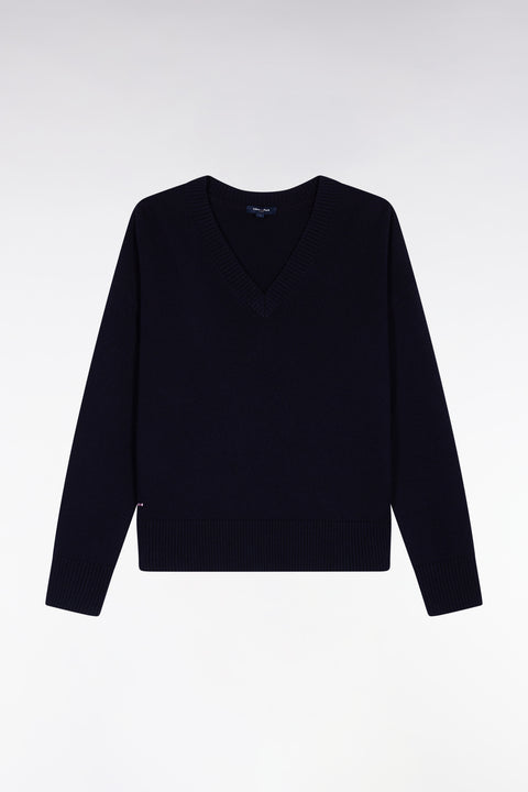 Pull à col V en laine et coton marine coupe Relaxed - Image 2