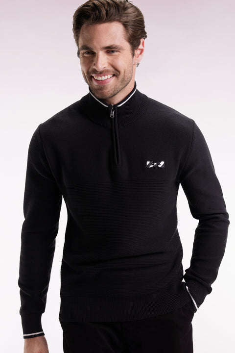 Black cotton trucker-neck sweater with bow tie - Image 1