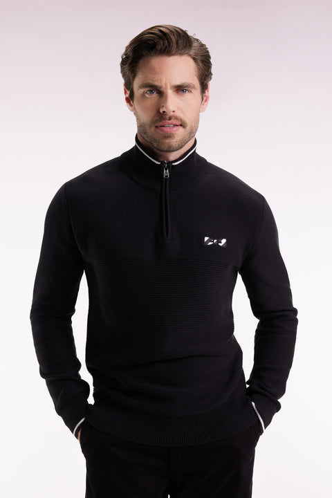 Black cotton trucker-neck sweater with bow tie - Image 3