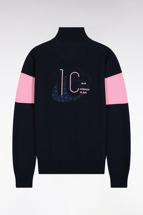 Navy cotton trucker-neck sweater with back embroidery - Image 2