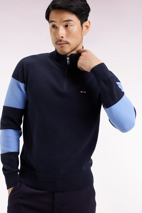 Navy cotton trucker-neck sweater with sky back embroidery - Image 1