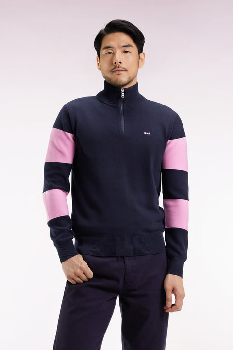 Navy and pink cotton trucker-neck sweater with back embroidery - Image 3