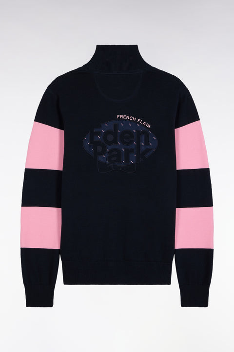 Navy and pink cotton trucker-neck sweater with back embroidery - Image 2