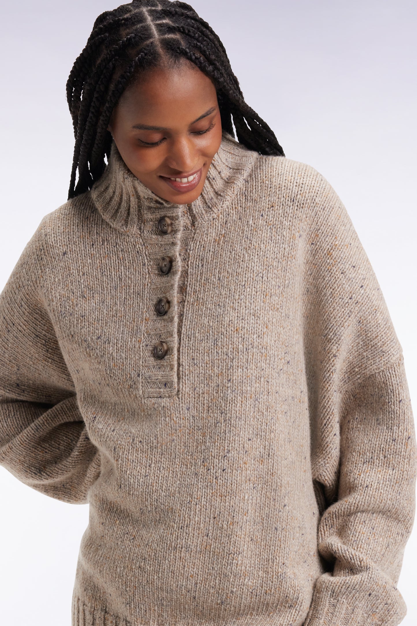 Oversized button-down high-neck sweater in beige wool blend
