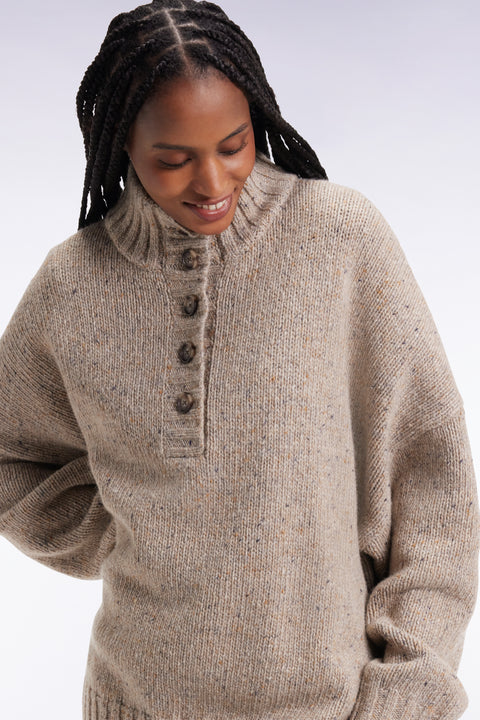 Pull col montant boutonné en laine moulinée mélangée beige coupe Oversized - Image 3