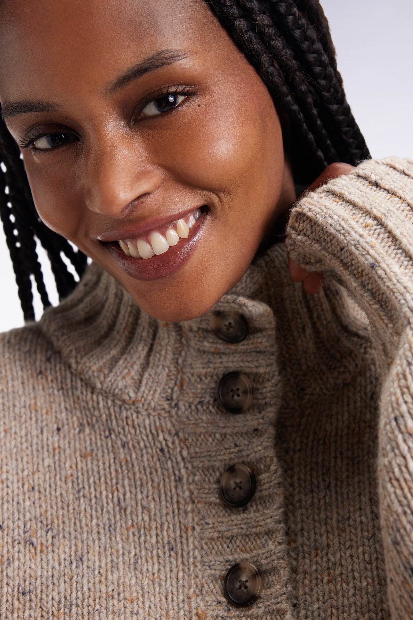 Oversized button-down high-neck sweater in beige wool blend