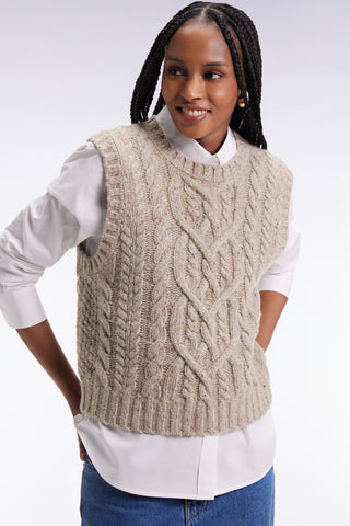 Pull à torsades sans manches en laine vierge mélangée beige coupe Relaxed