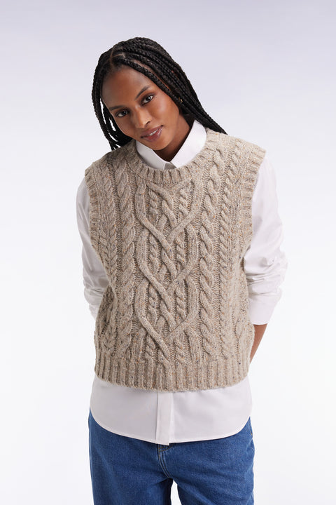 Pull à torsades sans manches en laine vierge mélangée beige coupe Relaxed - Image 1