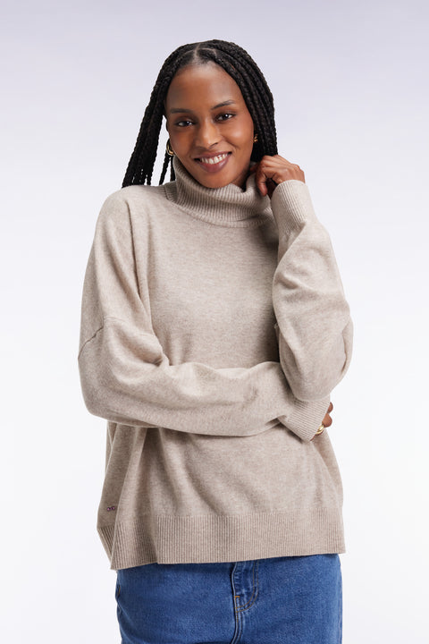 Pull à col roulé en laine et cachemire beige coupe Relaxed - Image 1