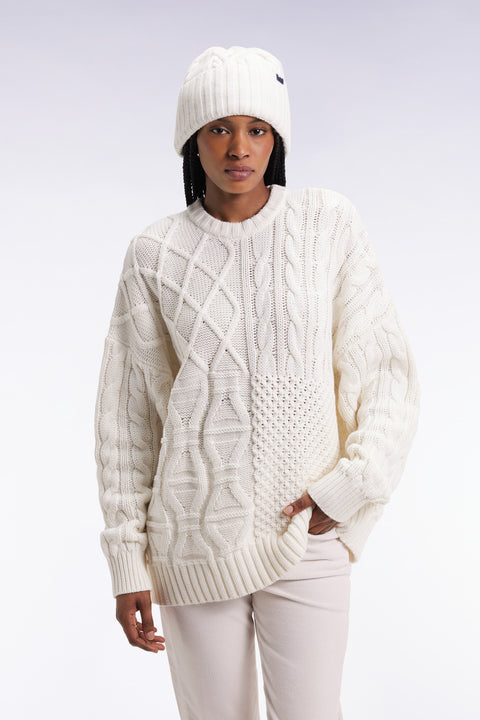 Pull à torsades en laine et coton blanc coupe Oversized - Image 1