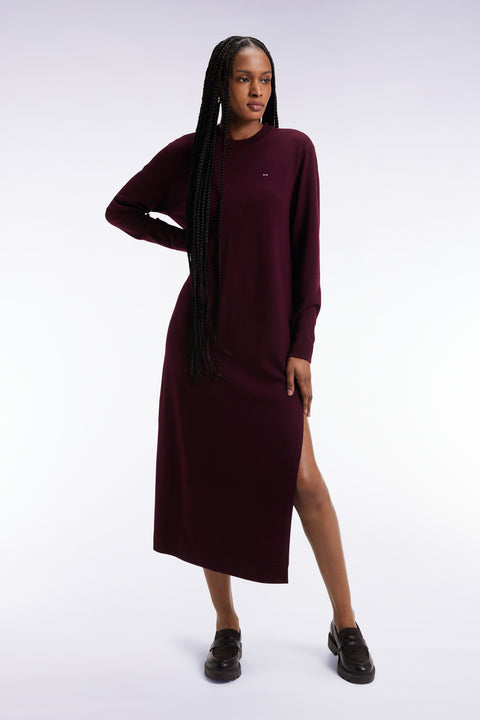 Robe en laine mérinos bordeaux à col rond - Image 1