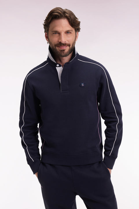 Shirt-neck sweatshirt in navy brushed fleece - Image 1