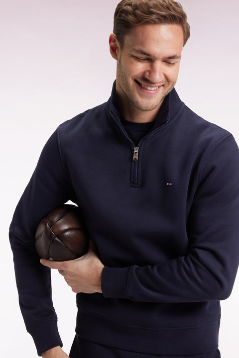 High-neck zip-up sweatshirt in navy cotton fleece - Image 3