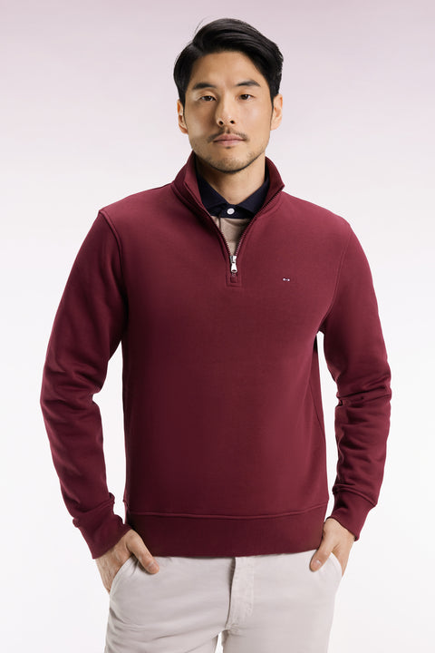 High-neck zip-up sweatshirt in burgundy cotton fleece - Image 1