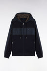 Zip-up hooded sweatshirt in navy and beige fleece and nylon