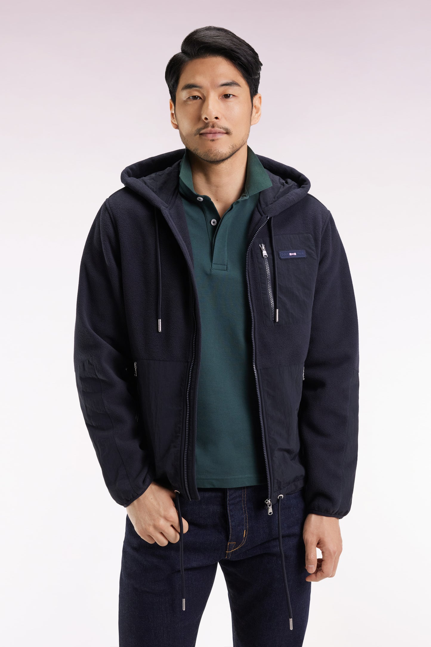 Navy two-color hooded sweatshirt with zip, straight cut
