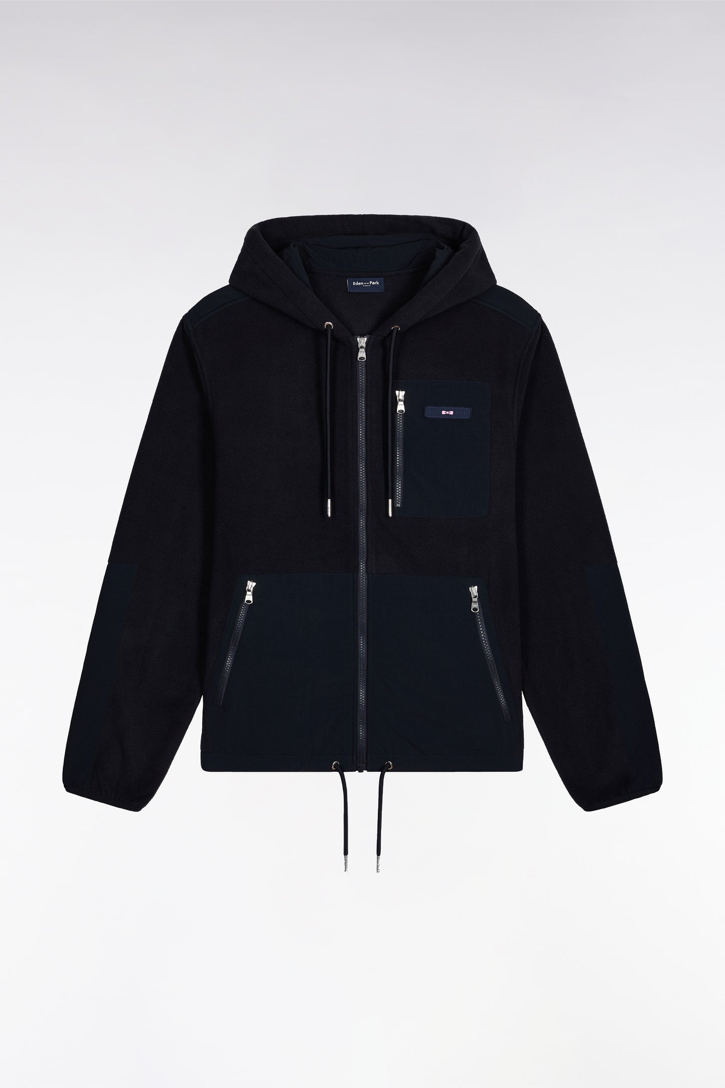 Navy two-color hooded sweatshirt with zip, straight cut