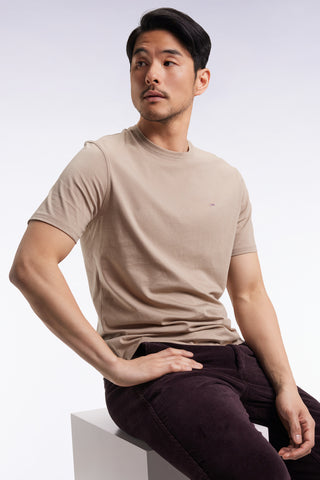 Short-sleeved round-neck T-shirt in beige Pima cotton