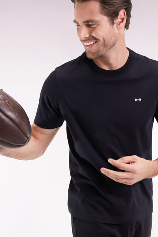 Short-sleeved black cotton T-shirt with embroidered back