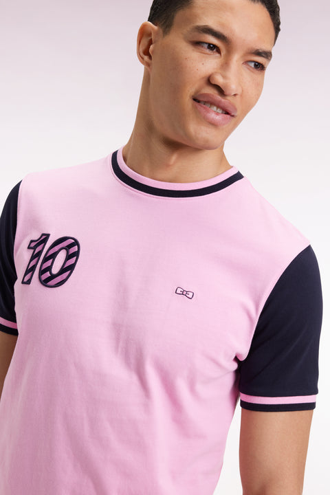 Two-tone short-sleeved navy cotton T-shirt with 10" embroidery - Image 1