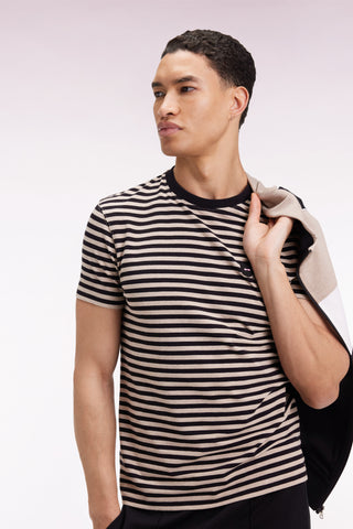 Short-sleeved T-shirt in navy and brown striped cotton jersey