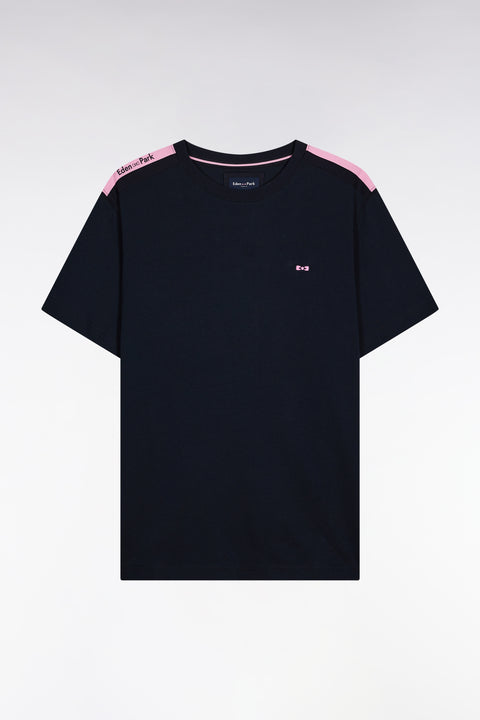 Short-sleeved T-shirt in navy cotton with shoulder stripes - Image 2