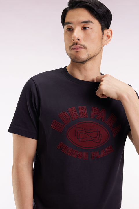 T-shirt à manches courtes en coton noir impression effet velours - Image 1