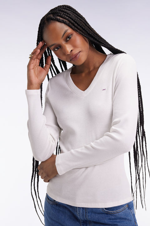 Long-sleeved T-shirt in white ribbed Pima cotton, slim fit - Image 1
