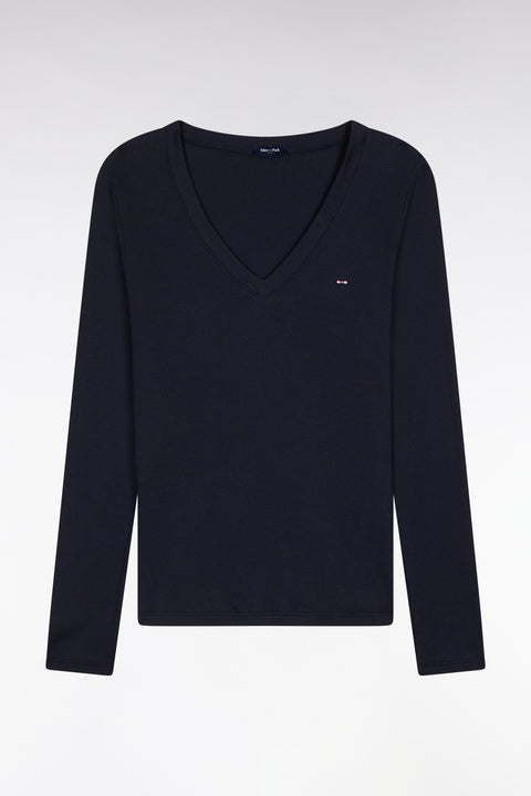 T-shirt à manches longues en coton Pima côtelé marine coupe slim - Image 2