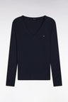 T-shirt à manches longues en coton Pima côtelé marine coupe slim