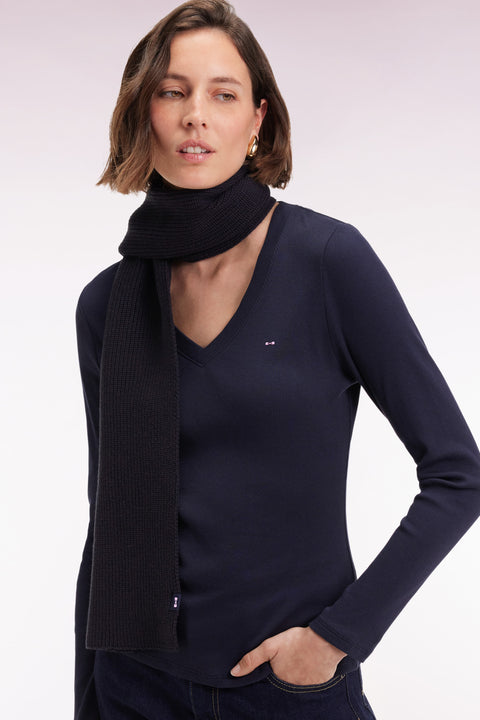 T-shirt à manches longues en coton Pima côtelé marine coupe slim - Image 3