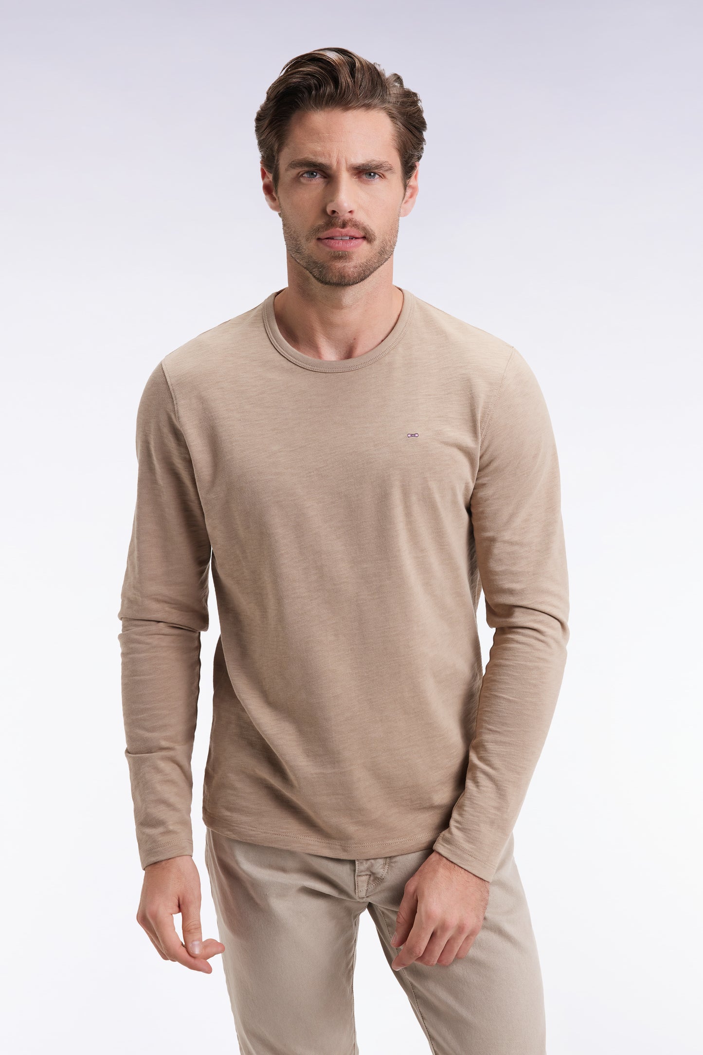 Long-sleeved T-shirt in beige slub cotton