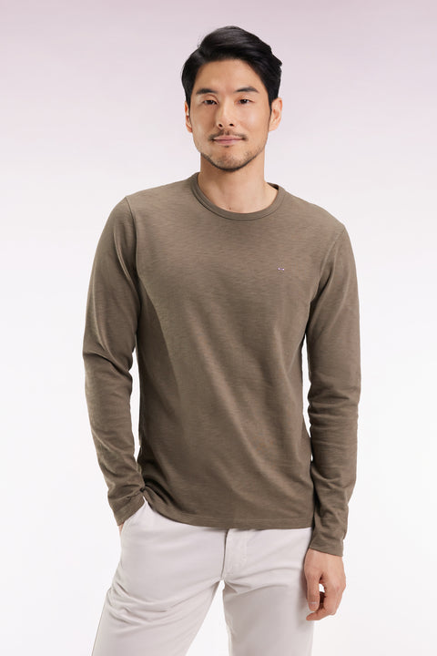 Long-sleeved T-shirt in khaki slub cotton - Image 3