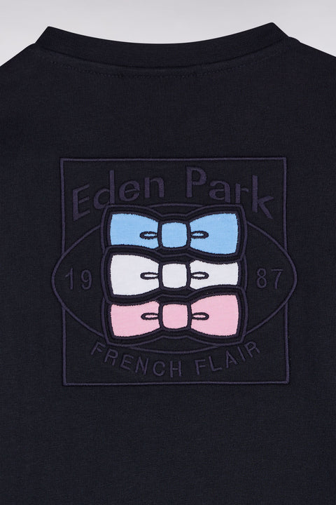 T-shirt à manches longues bicolores en coton marine coupe droite - Image 2