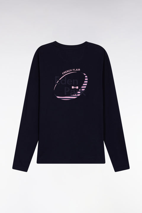 Long-sleeved navy cotton T-shirt with pink stripes - Image 2