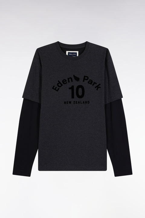 Long-sleeved T-shirt in grey cotton with overlay effect - Image 2