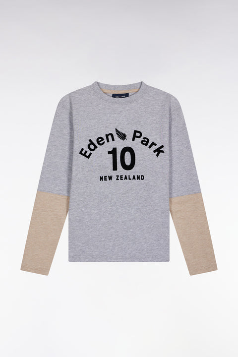 Long-sleeved T-shirt in two-tone grey and beige cotton, straight cut - Image 1