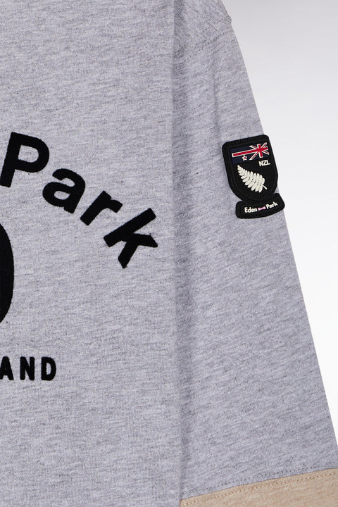 Long-sleeved T-shirt in two-tone grey and beige cotton, straight cut - Image 2