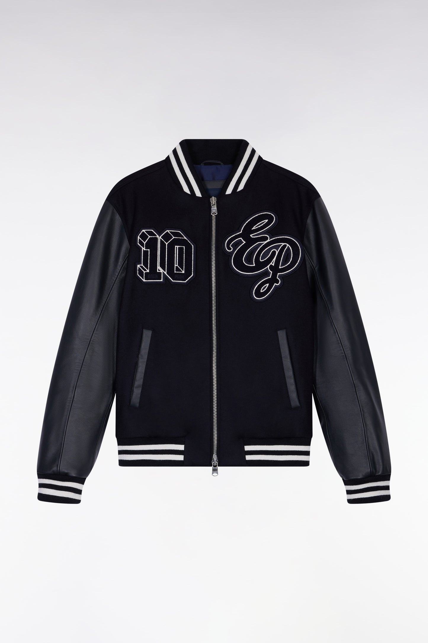 Blouson teddy bimatière manches cuir marine