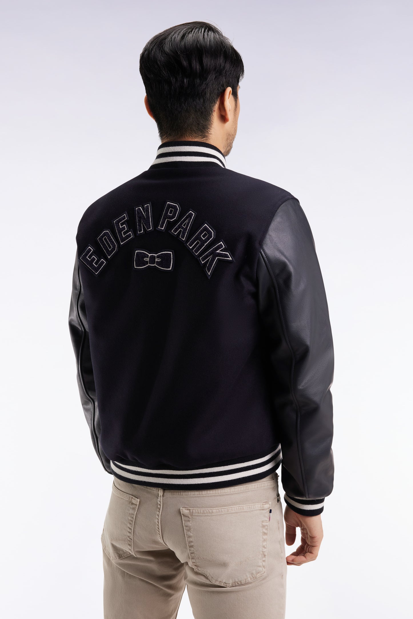 Blouson teddy bimatière manches cuir marine