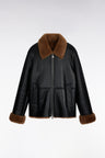 Blouson en peau lainée noir col marron