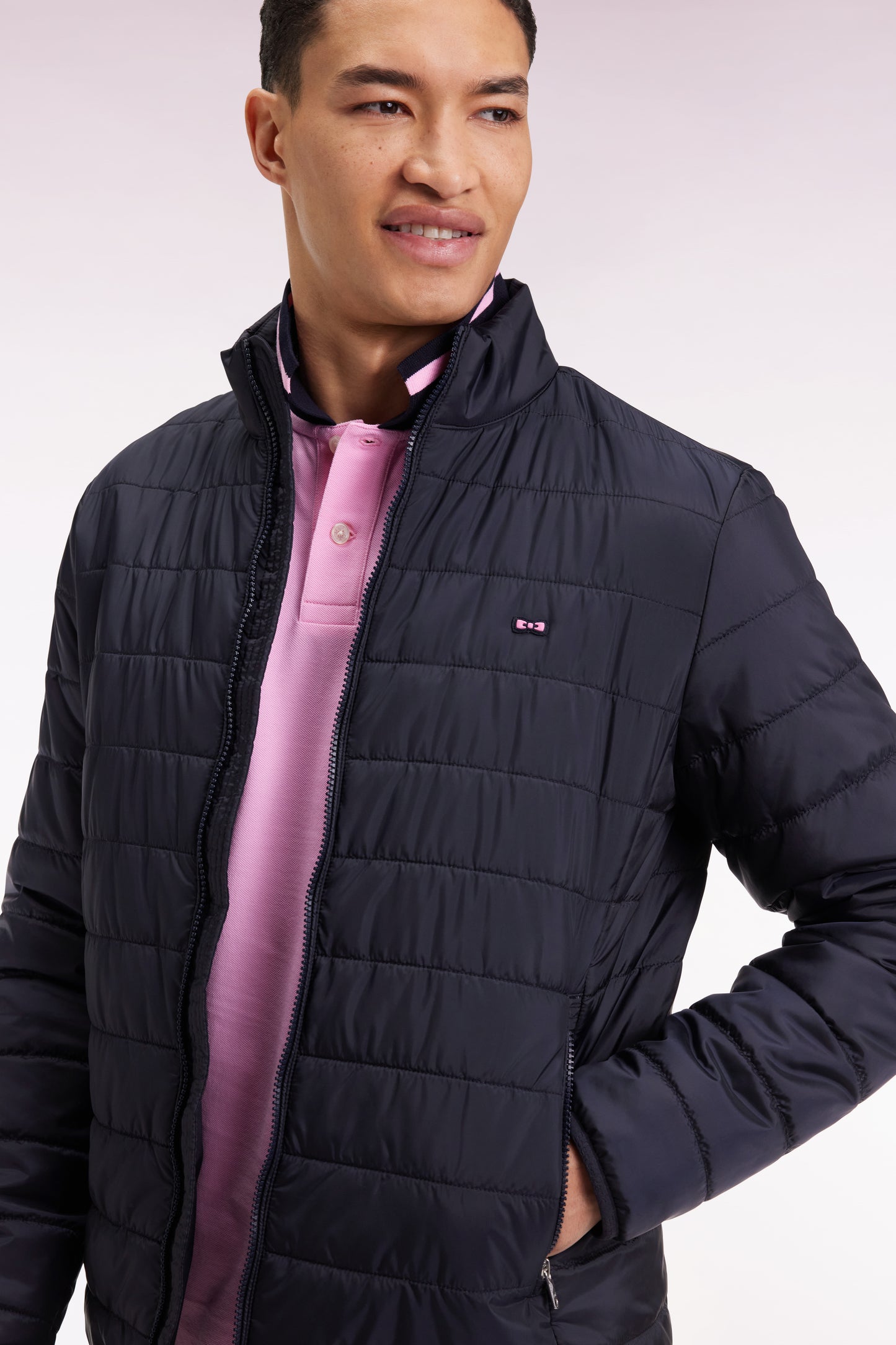 Navy quilted nylon down jacket with stand-up collar