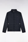 Navy quilted nylon down jacket with stand-up collar