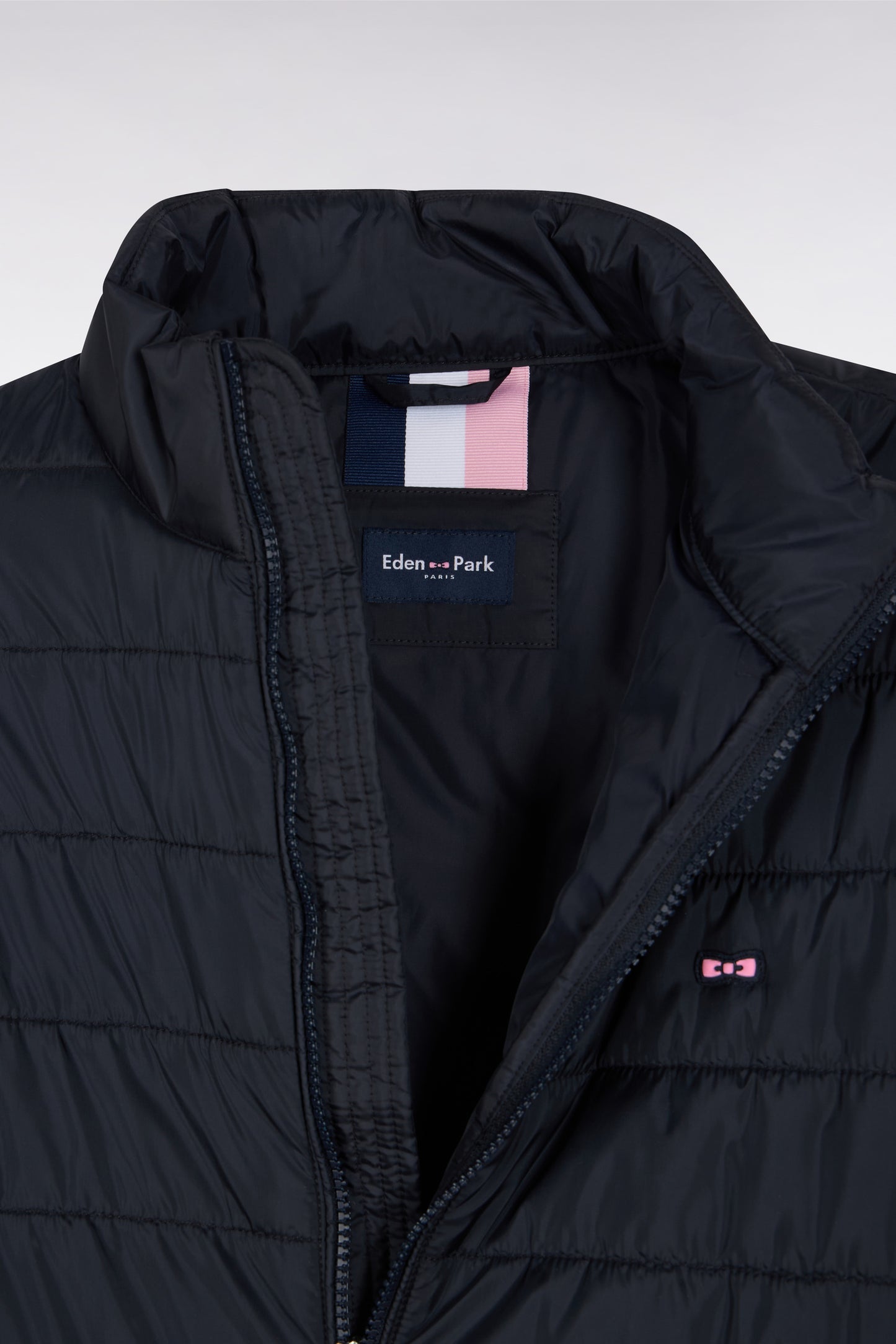 Navy quilted nylon down jacket with stand-up collar